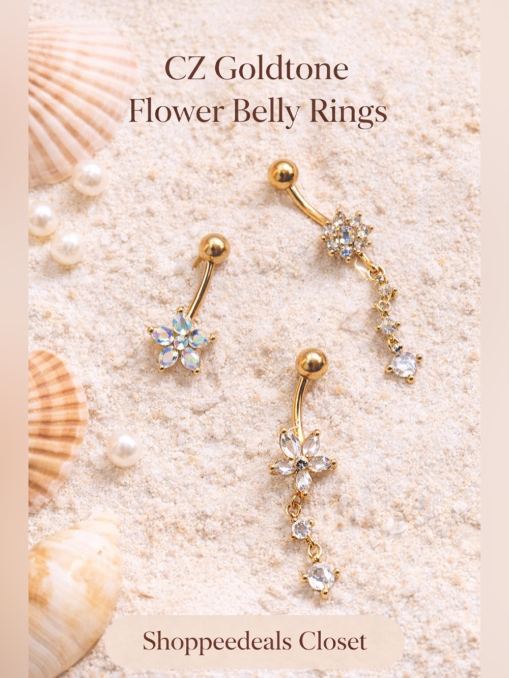Y2K Belly Ring Set 3pc CZ Flower Dangle Aurora Borealis Navel Piercing